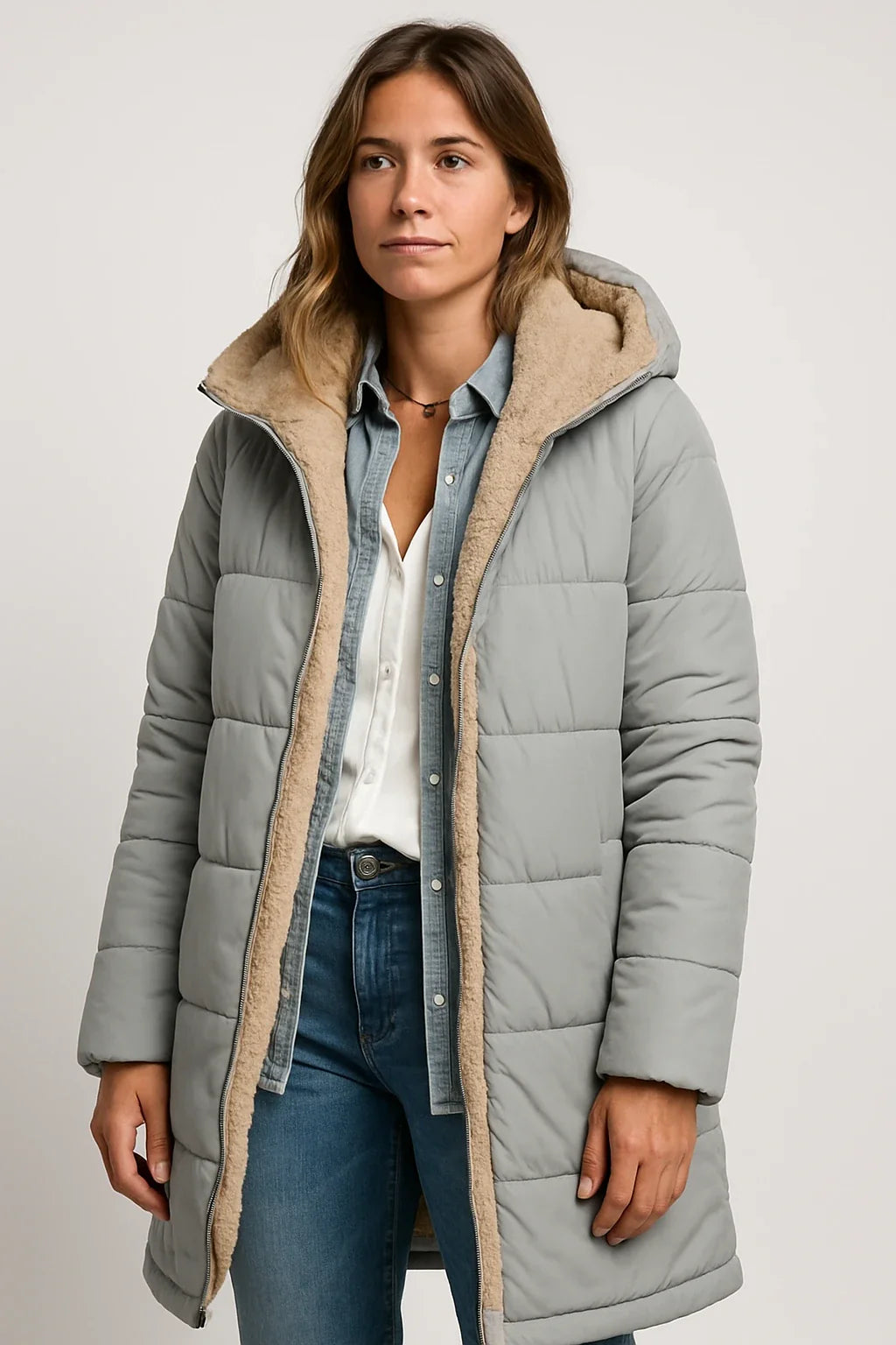 Long Quilted Hooded Coat with Soft Fleece Lining for Women