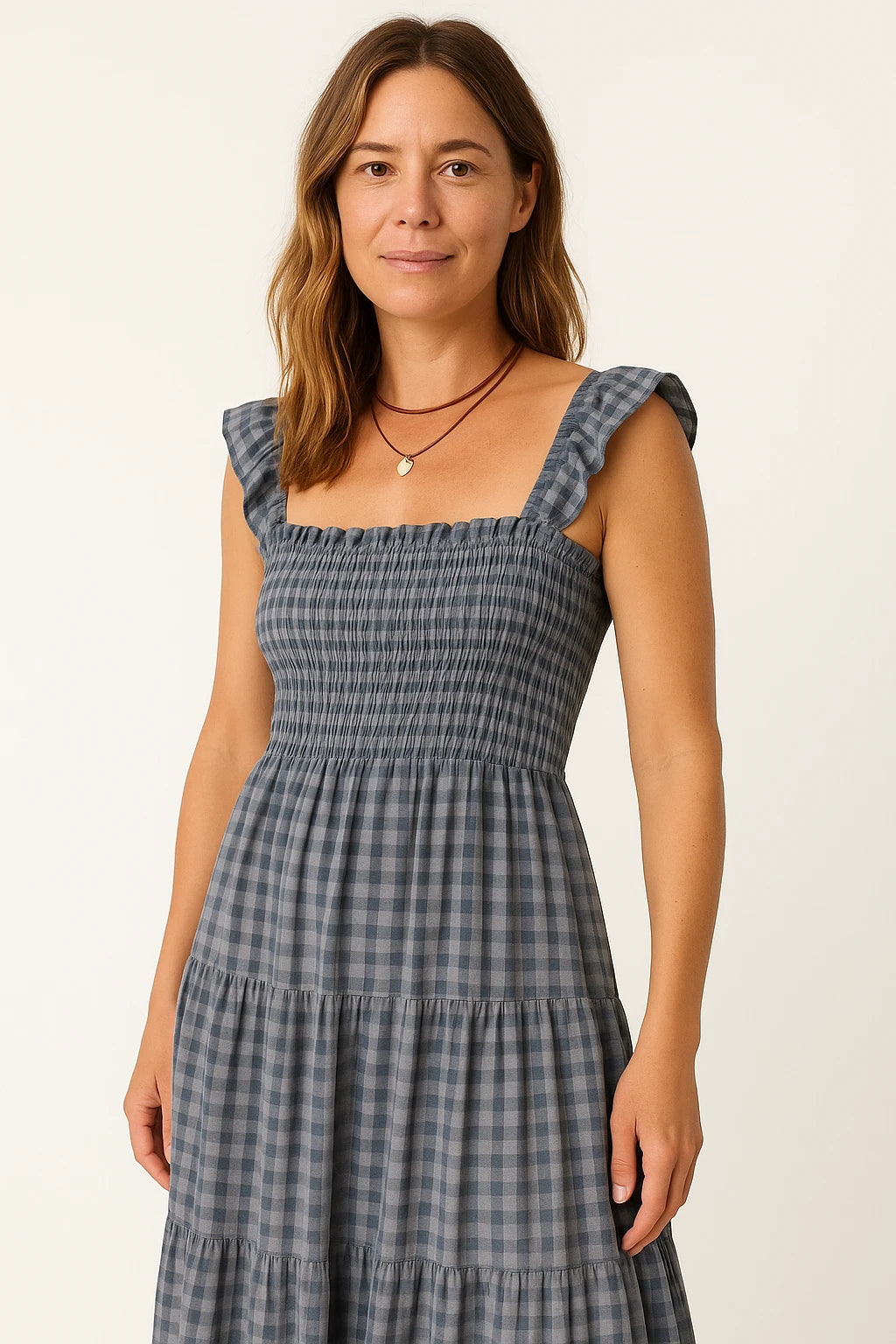 Gingham Smocked Midi Dress with Tie Straps for Women
