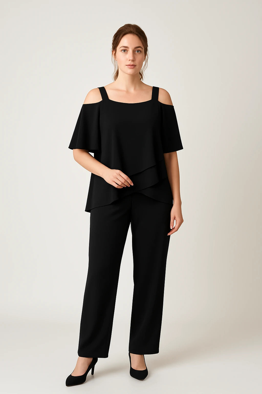 Cold Shoulder Layered Top and Straight-Leg Pants Set for Women
