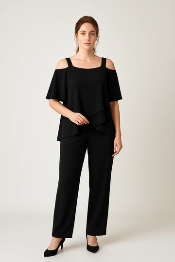 Cold Shoulder Layered Top and Straight-Leg Pants Set for Women