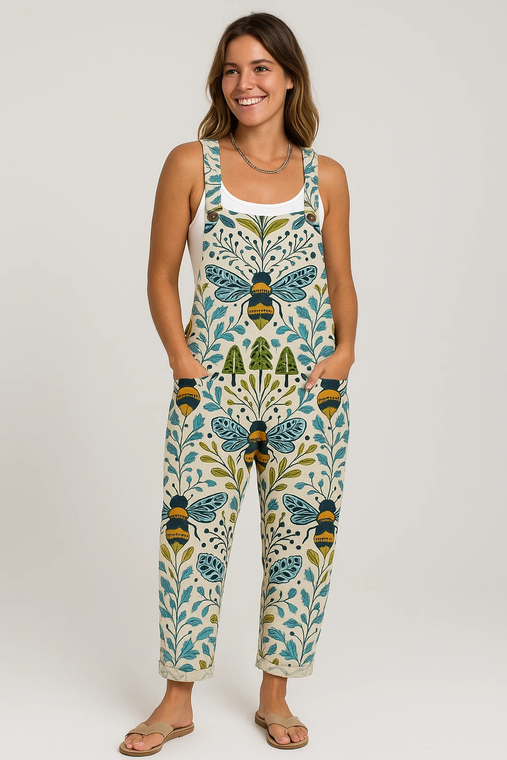 Womens Summer Overalls with Loose Fit – Adjustable Shoulder Straps and Bee Print Design - Image 7