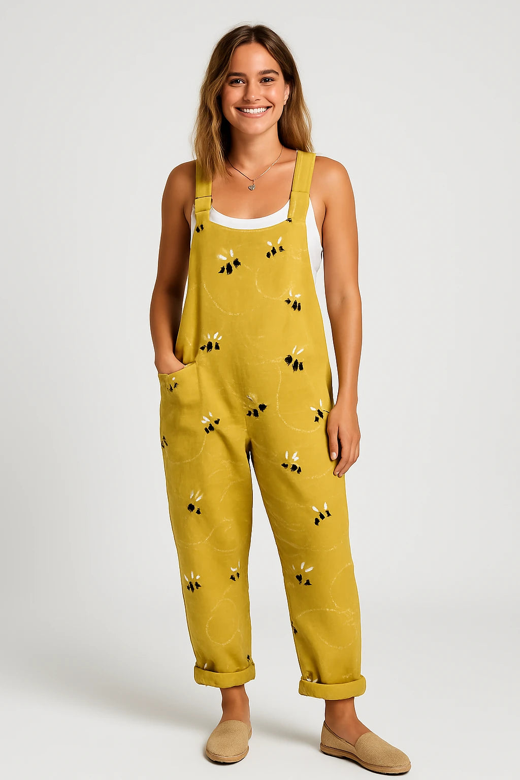 Womens Summer Overalls with Loose Fit – Adjustable Shoulder Straps and Bee Print Design - Image 1