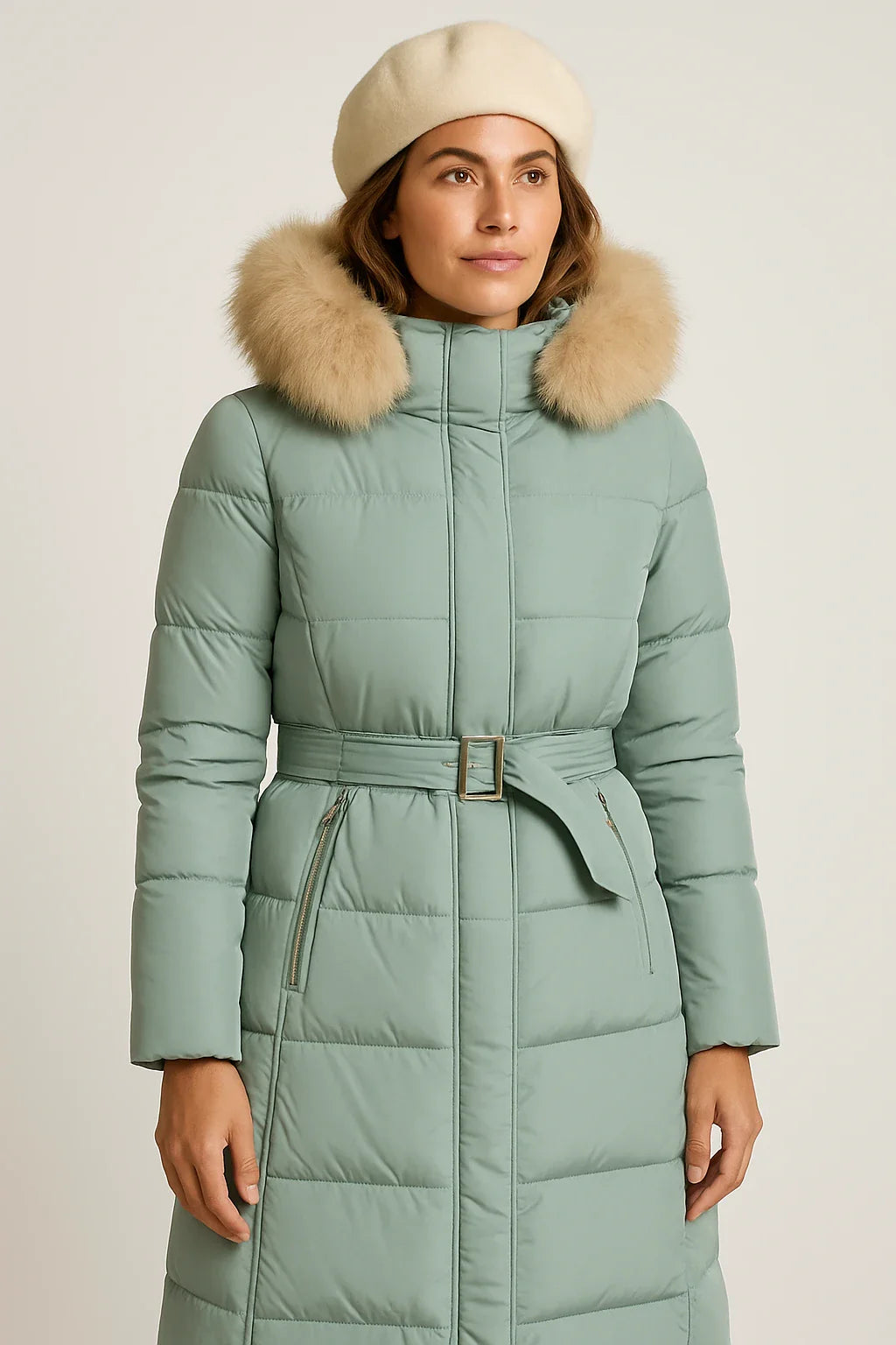 Long Quilted Puffer Coat with Faux Fur Collar for Women