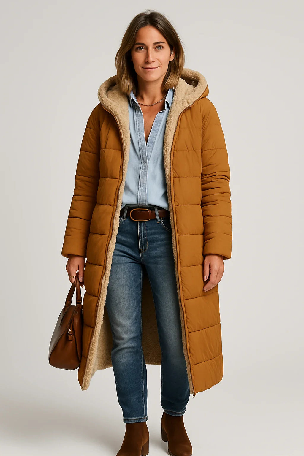 Long Quilted Hooded Coat with Soft Fleece Lining for Women