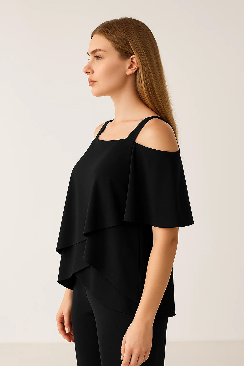 Cold Shoulder Layered Top and Straight-Leg Pants Set for Women