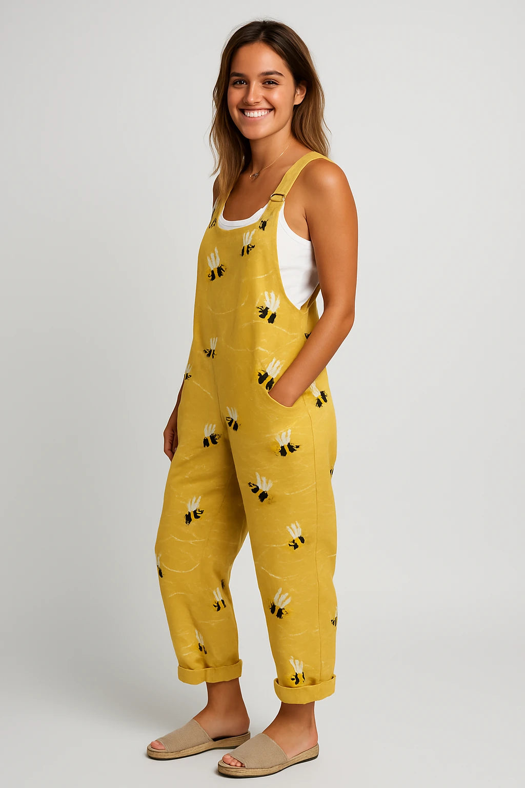 Womens Summer Overalls with Loose Fit – Adjustable Shoulder Straps and Bee Print Design - Image 1