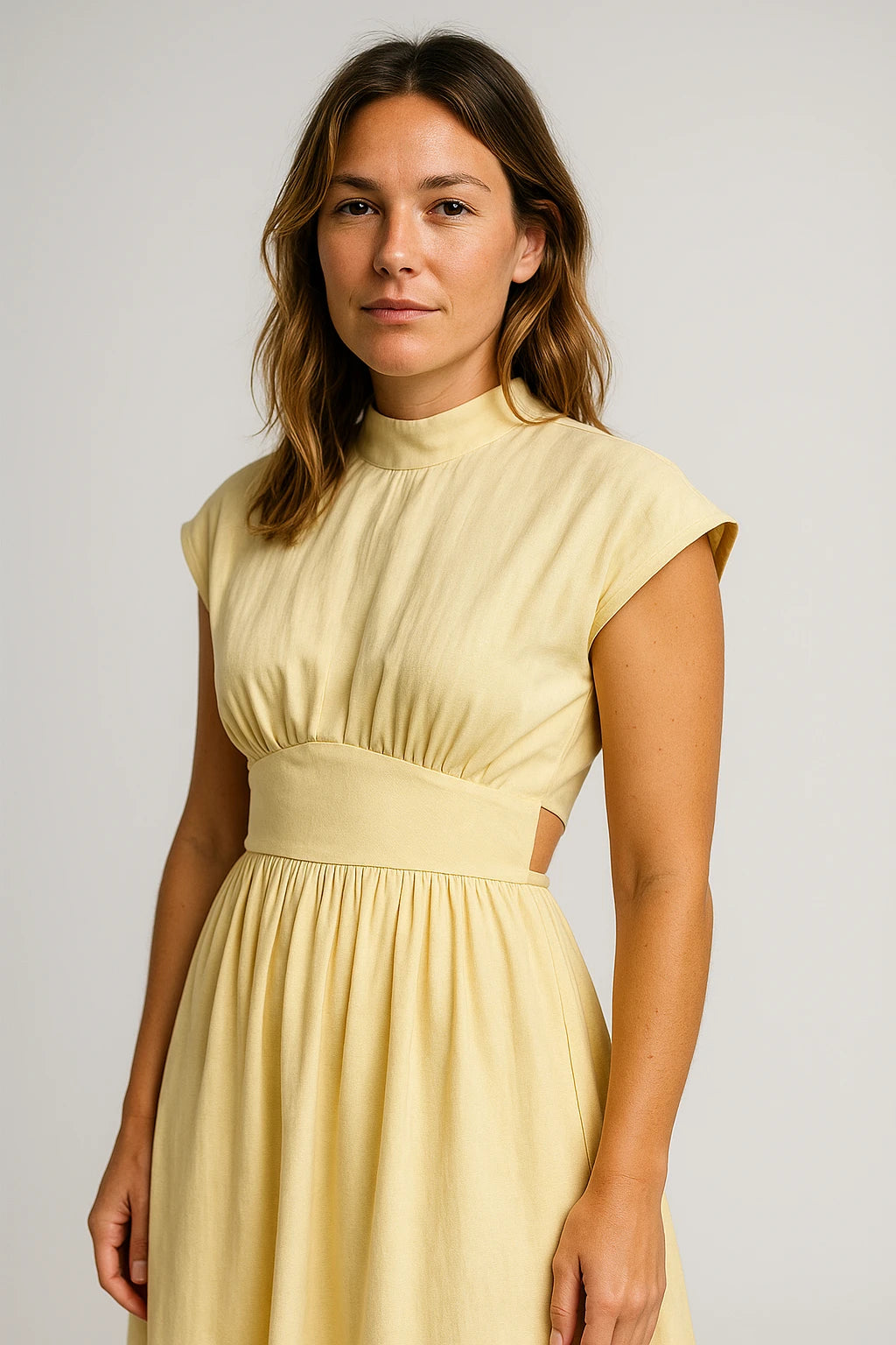 Pleated High Neck Cut-Out Midi Dress for Women