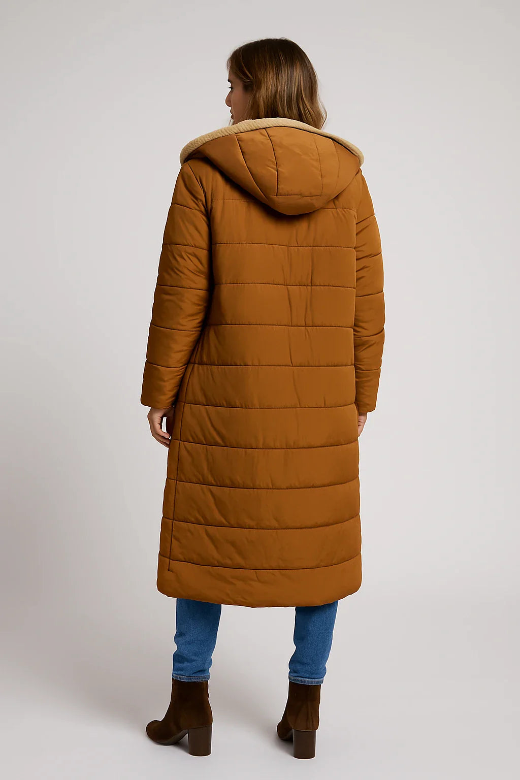 Long Quilted Hooded Coat with Soft Fleece Lining for Women