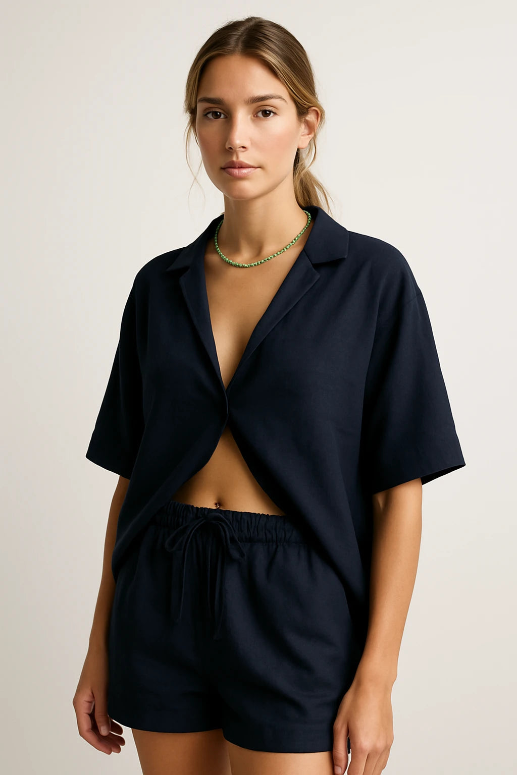 Relaxed Linen Shirt and Drawstring Shorts Set for Women