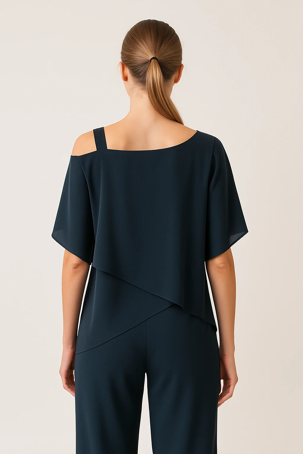 Cold Shoulder Layered Top and Straight-Leg Pants Set for Women