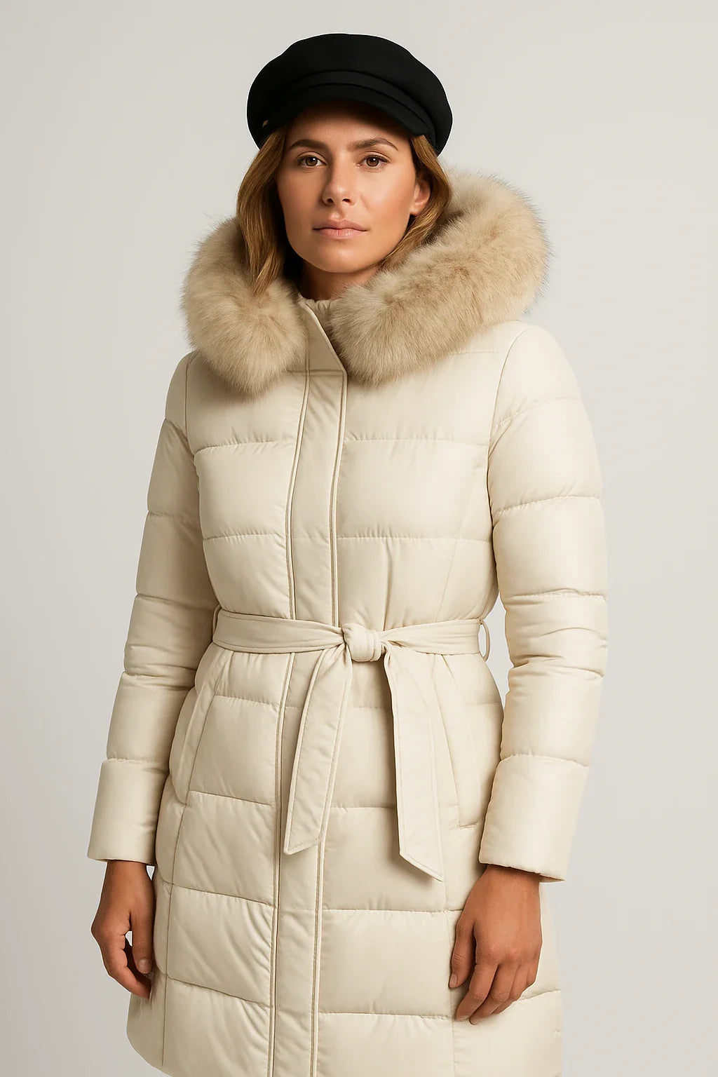 Long Quilted Puffer Coat with Faux Fur Collar for Women