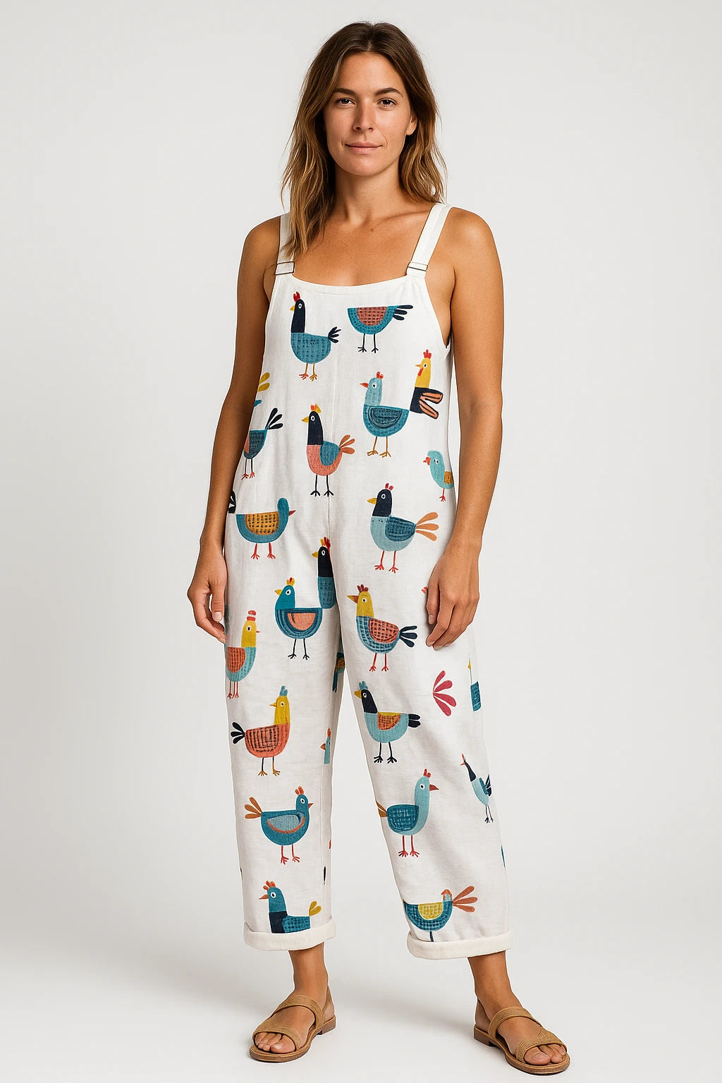 Womens Summer Overalls with Loose Fit – Playful Hen Print – Adjustable Straps and Pockets - Image 4