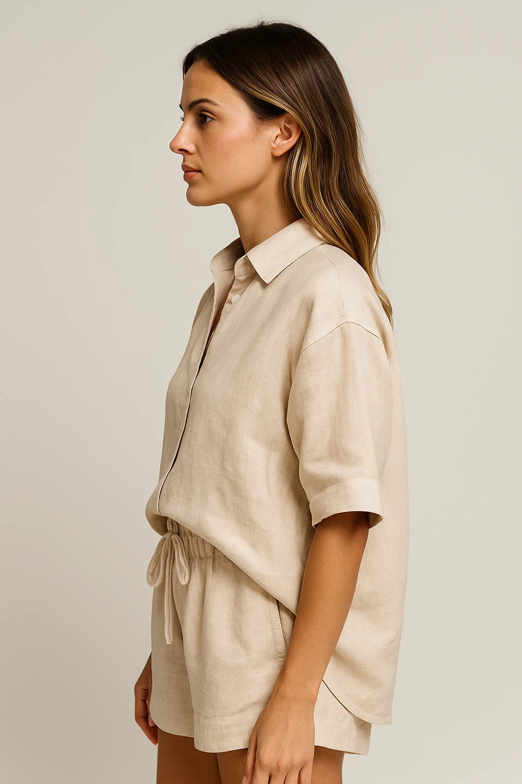 Relaxed Linen Shirt and Drawstring Shorts Set for Women
