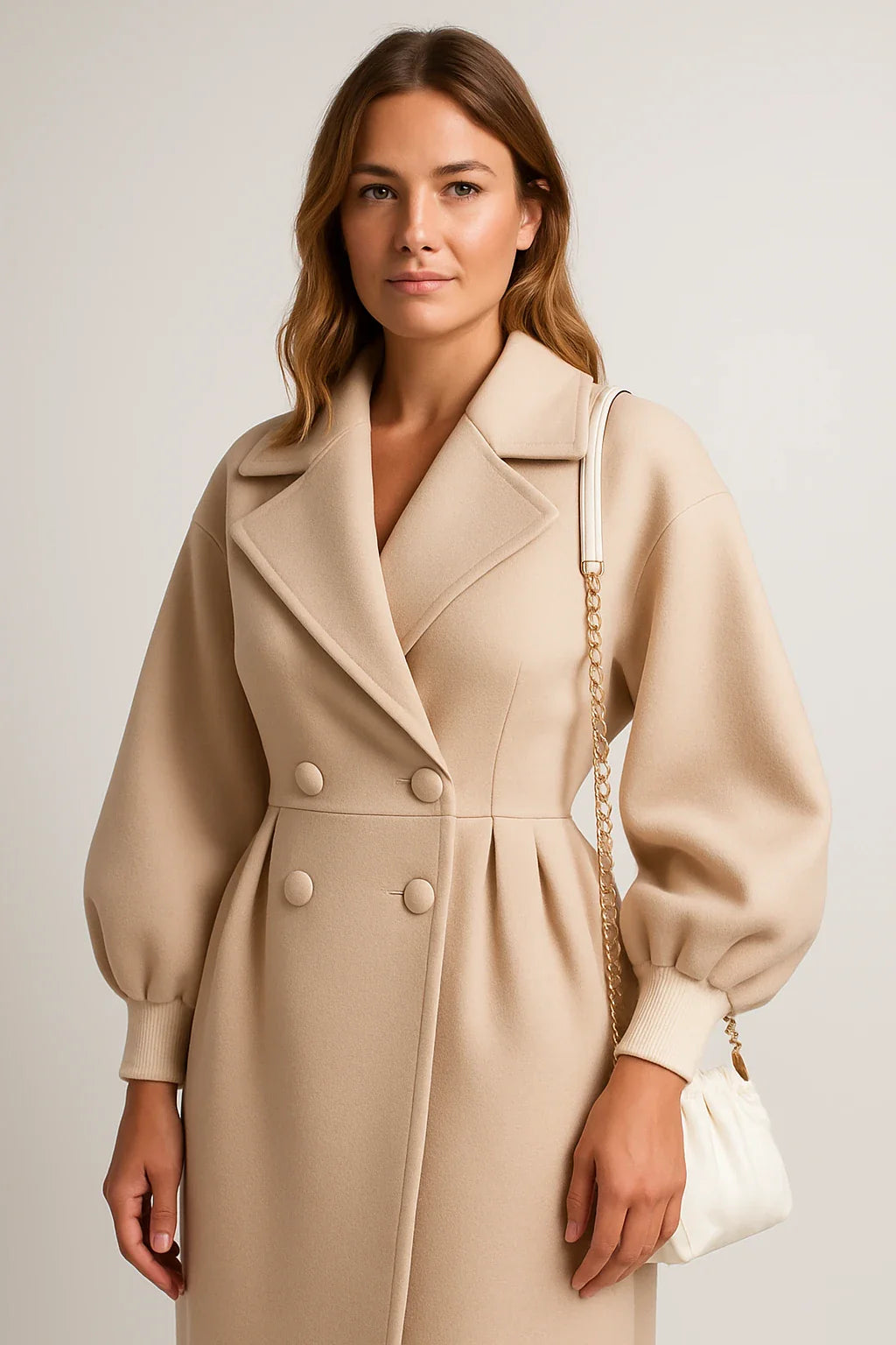 Balloon-Sleeve Belted Wool-Blend Coat for Women