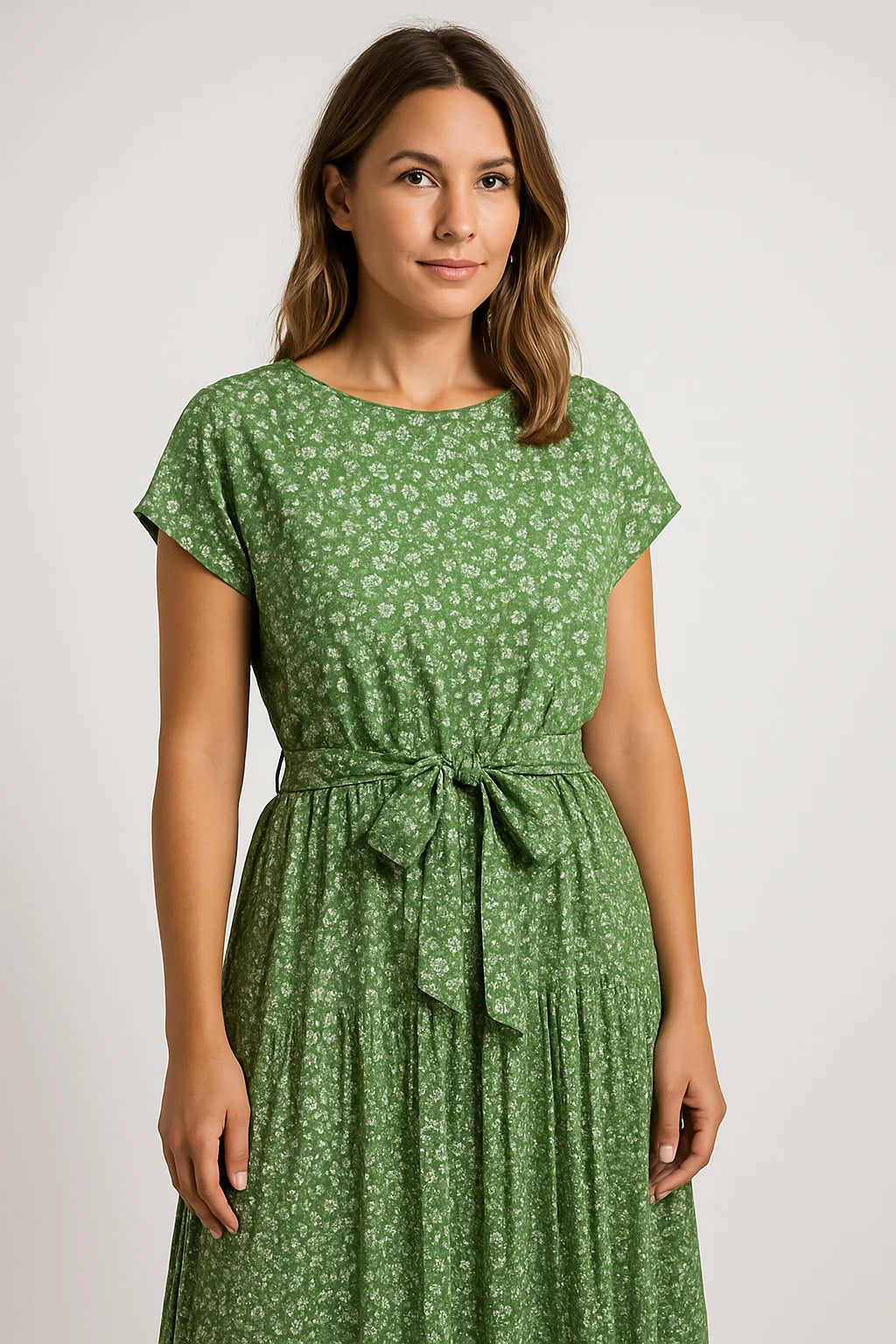 Printed Waist-Tie Cap Sleeve Dress for Women