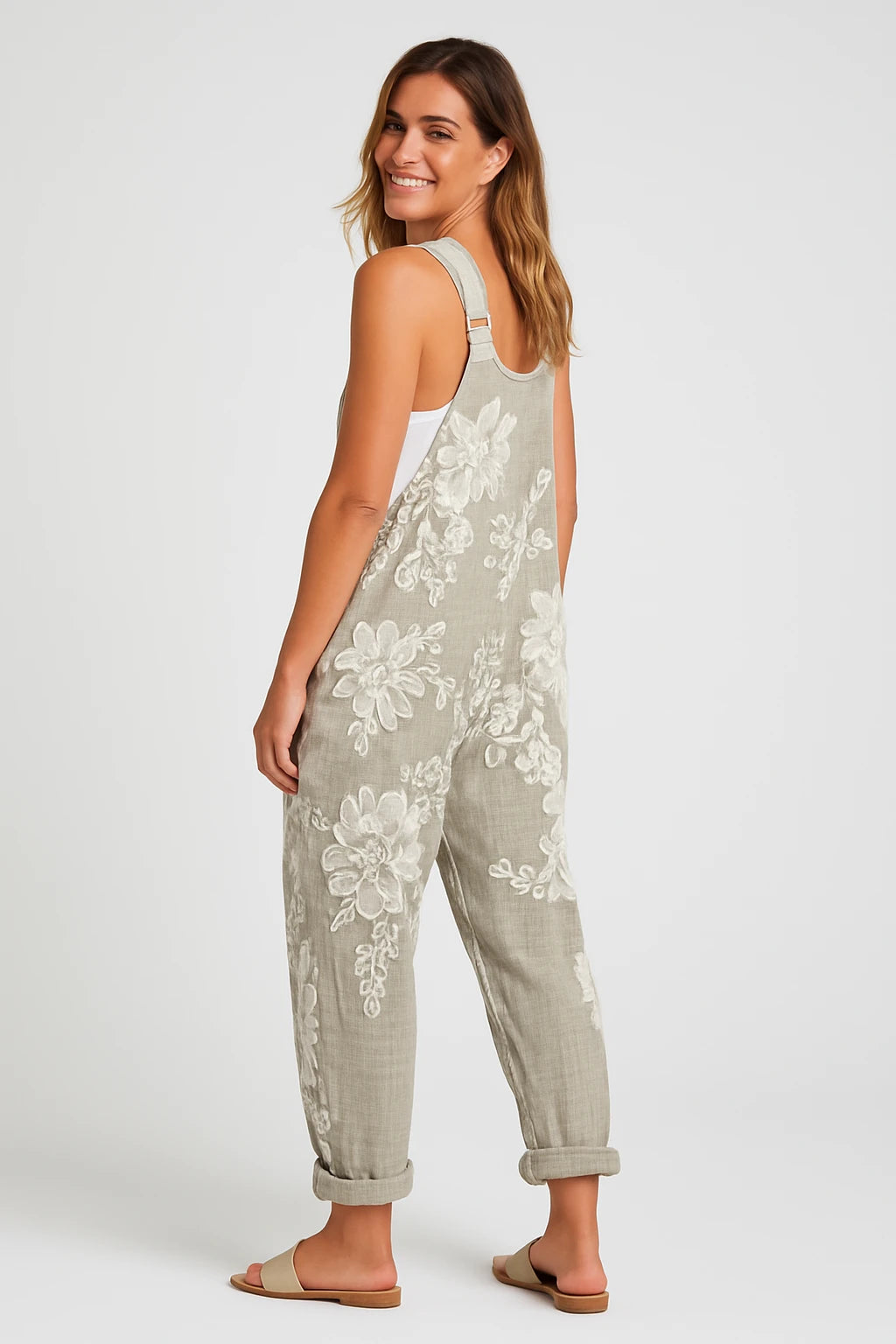 Womens Summer Overalls with Loose Fit – Soft Embroidered Floral Design – Adjustable Straps - Image 1