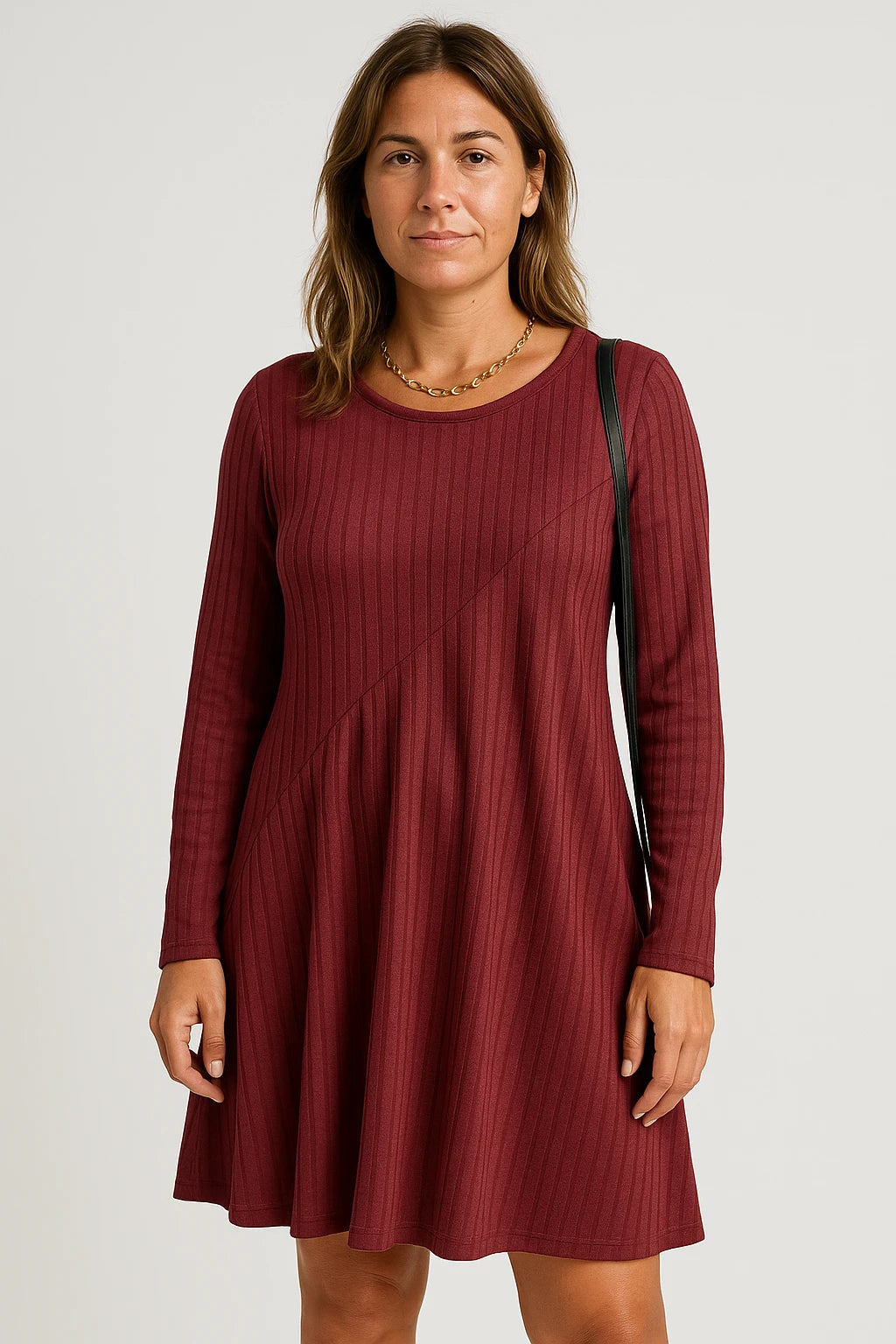 Ribbed Knit Long Sleeve Swing Dress for Women