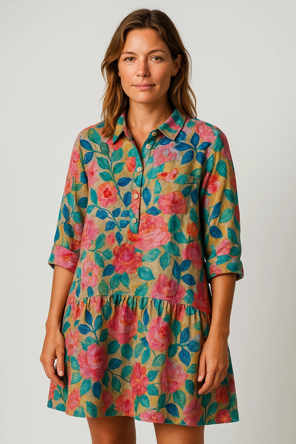Printed Button-Up Shirt Dress for Women