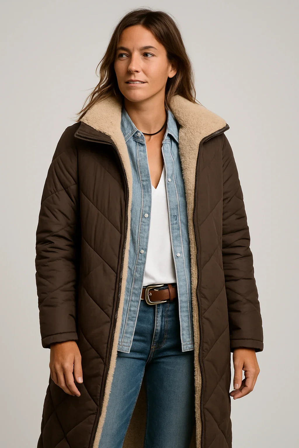 Long Quilted Hooded Coat with Soft Fleece Lining for Women