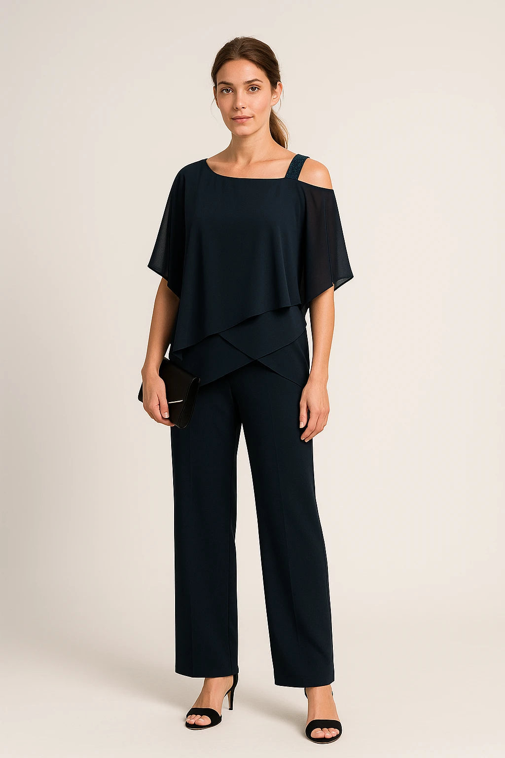 Cold Shoulder Layered Top and Straight-Leg Pants Set for Women