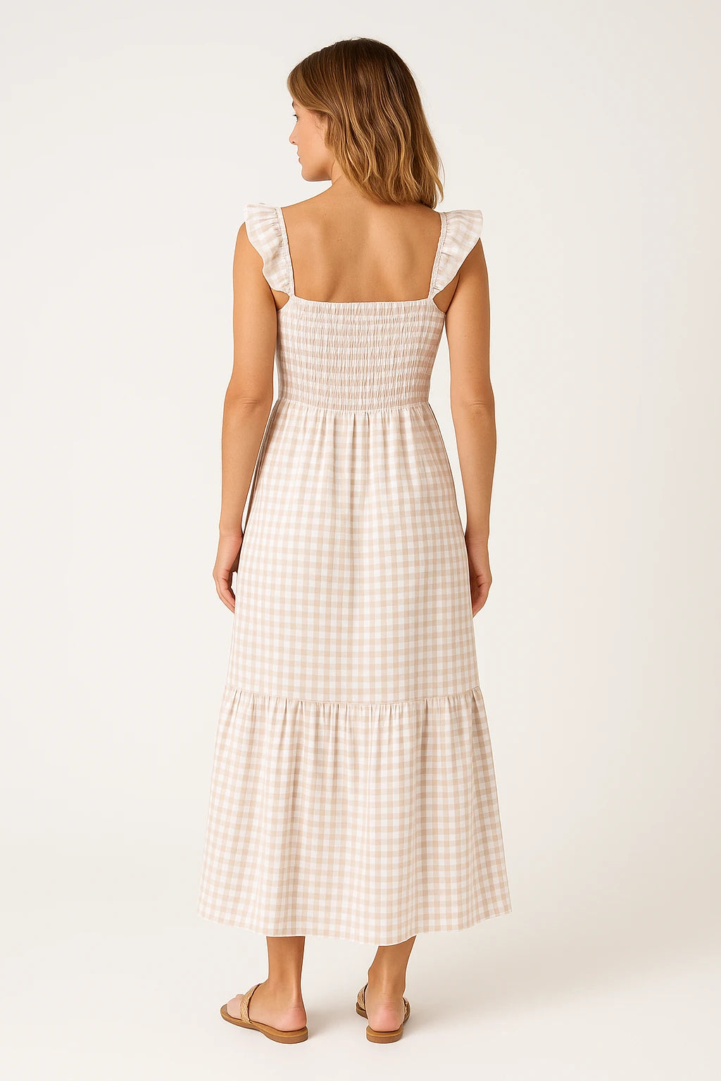 Gingham Smocked Midi Dress with Tie Straps for Women