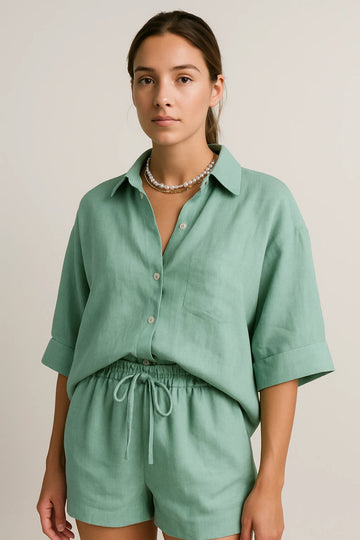 Relaxed Linen Shirt and Drawstring Shorts Set for Women