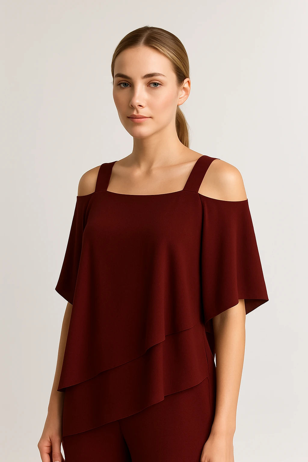 Cold Shoulder Layered Top and Straight-Leg Pants Set for Women