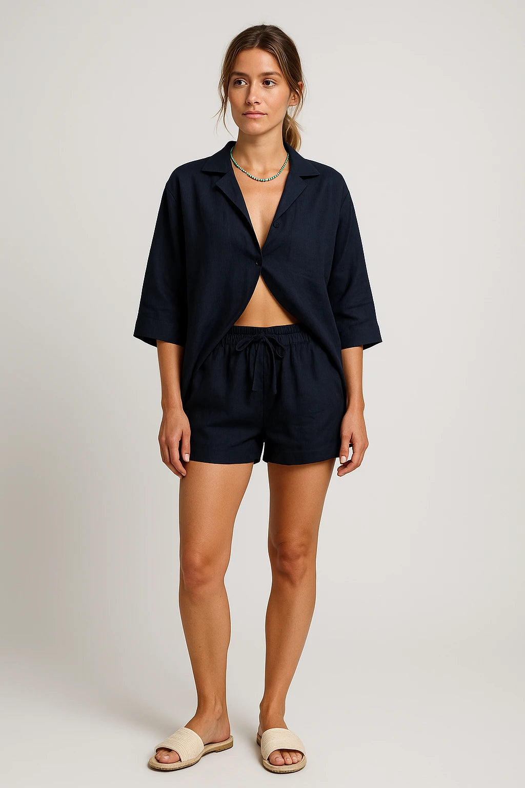 Relaxed Linen Shirt and Drawstring Shorts Set for Women