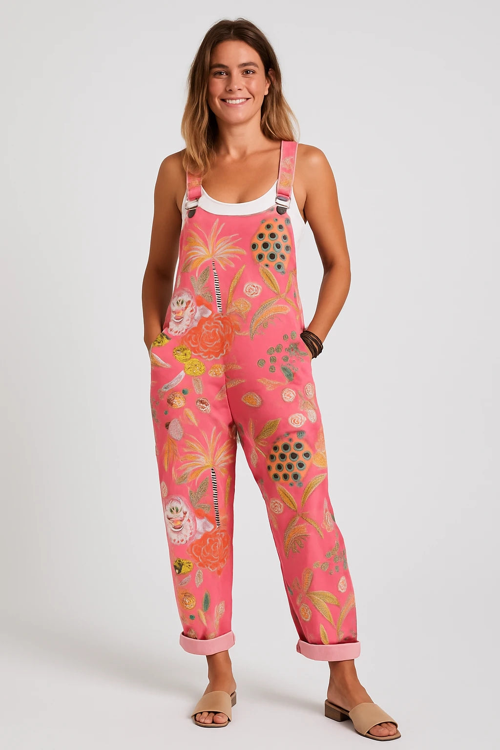 Womens Summer Overalls with Loose Fit – Adjustable Straps and Tropical Print Design - Image 1