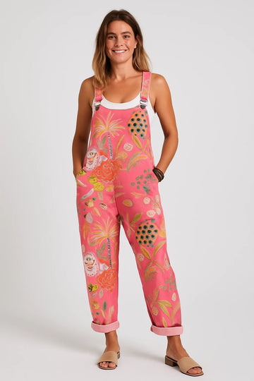 Womens Summer Overalls with Loose Fit – Adjustable Straps and Tropical Print Design - Image 1