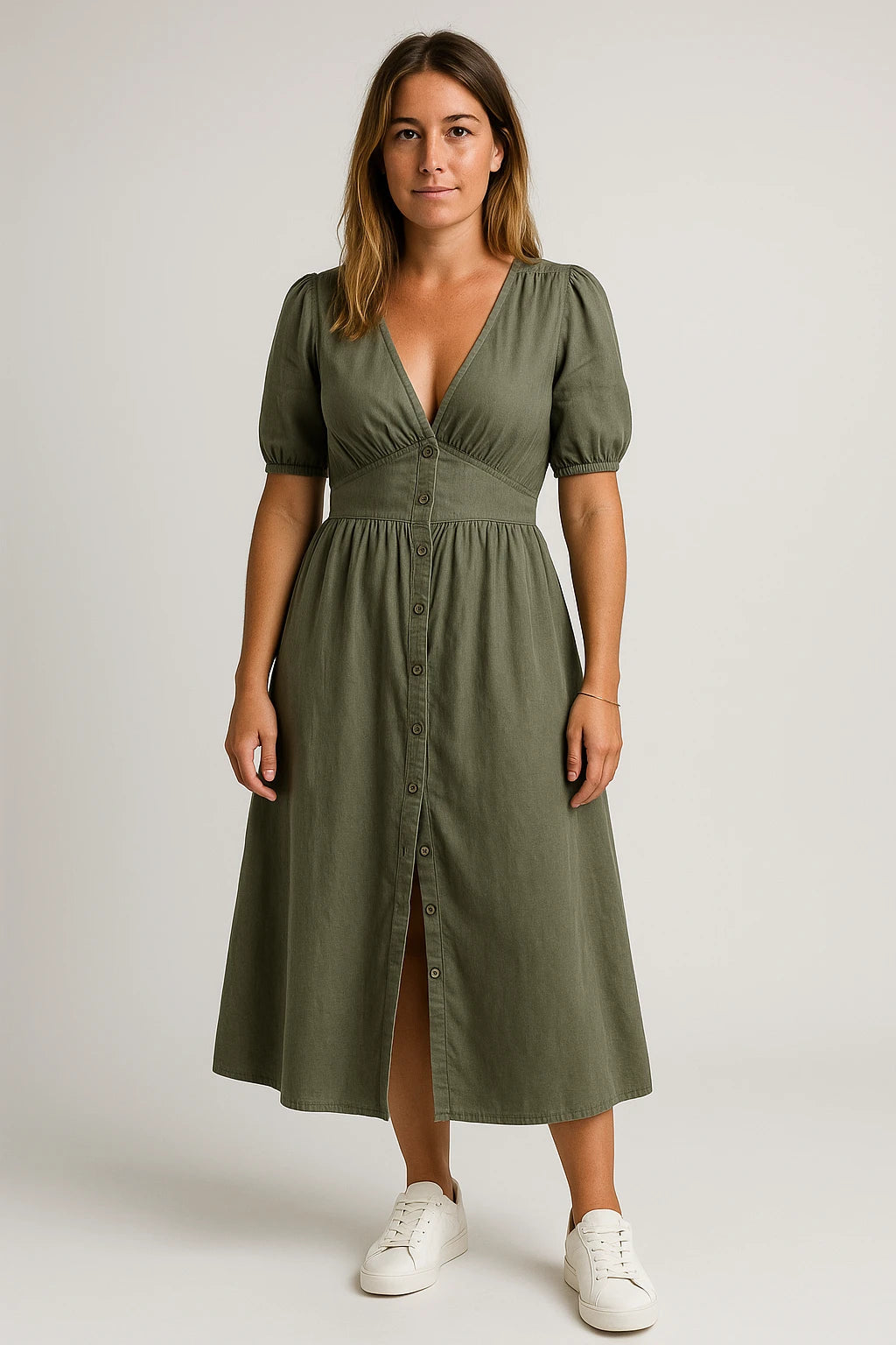 Button Front Puff Sleeve Midi Dress for Women