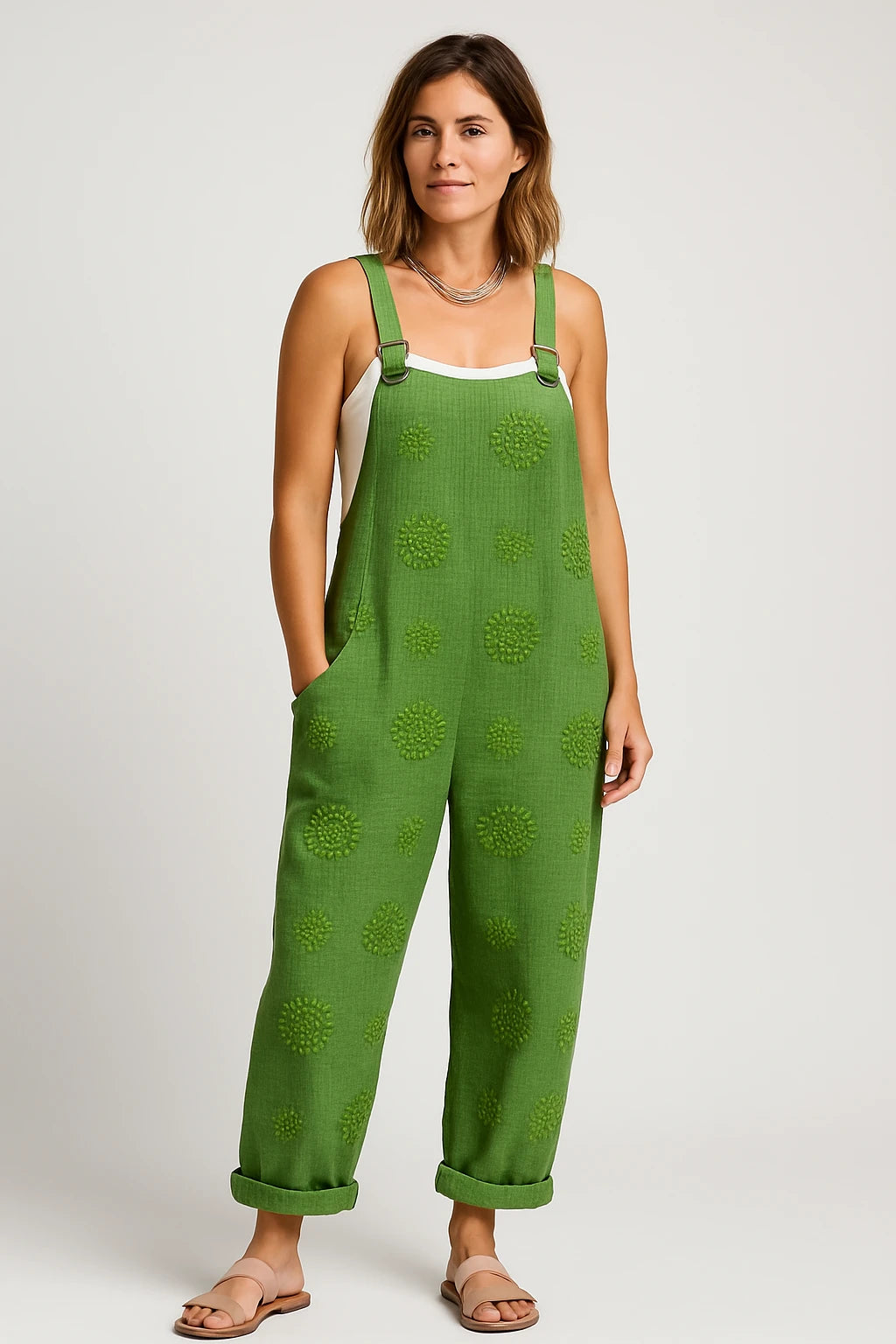 Womens Summer Overalls with Relaxed Fit and Adjustable Straps – Retro Sunburst Design - Image 5