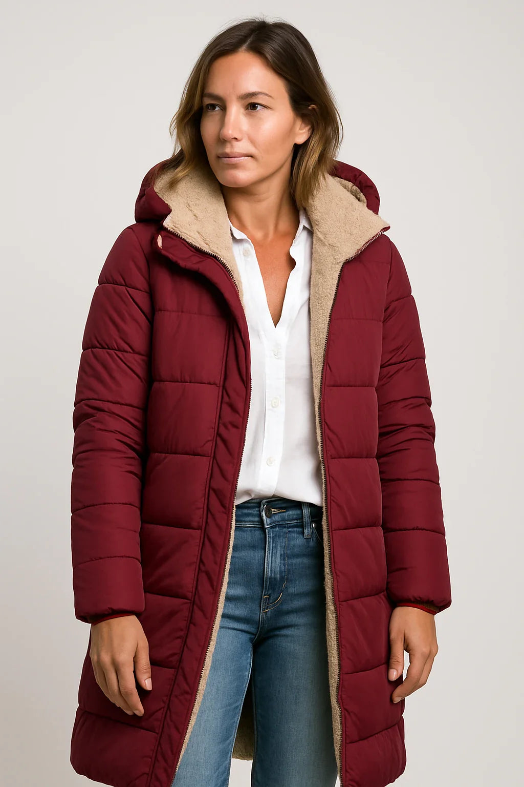 Long Quilted Hooded Coat with Soft Fleece Lining for Women