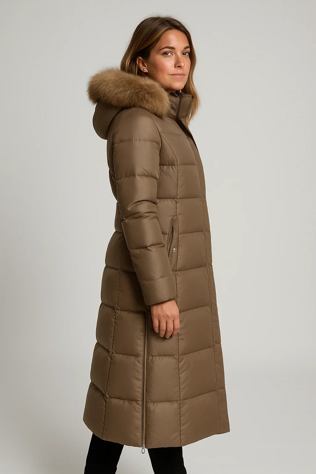 Long Quilted Puffer Coat with Faux Fur Collar for Women
