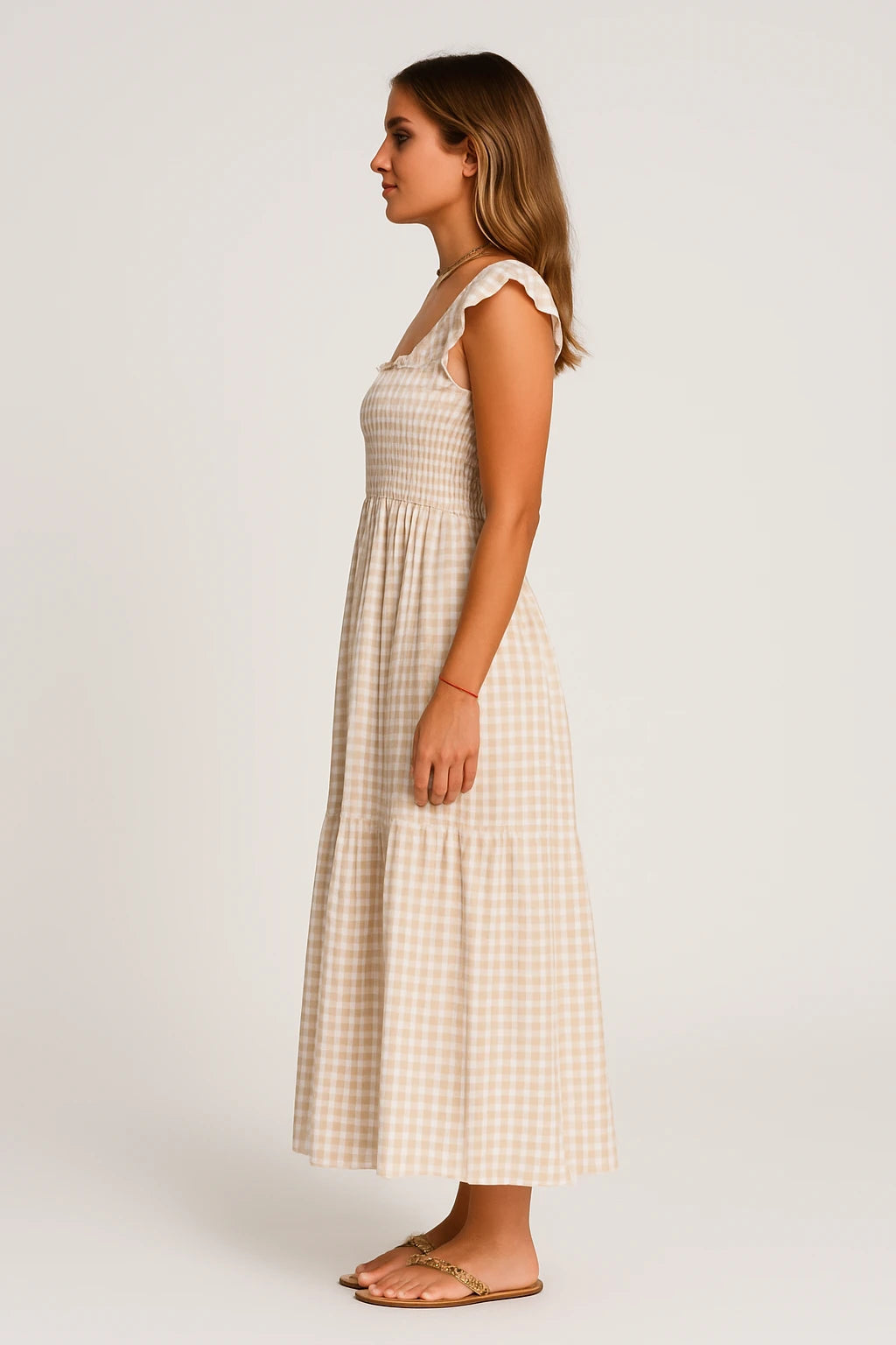 Gingham Smocked Midi Dress with Tie Straps for Women