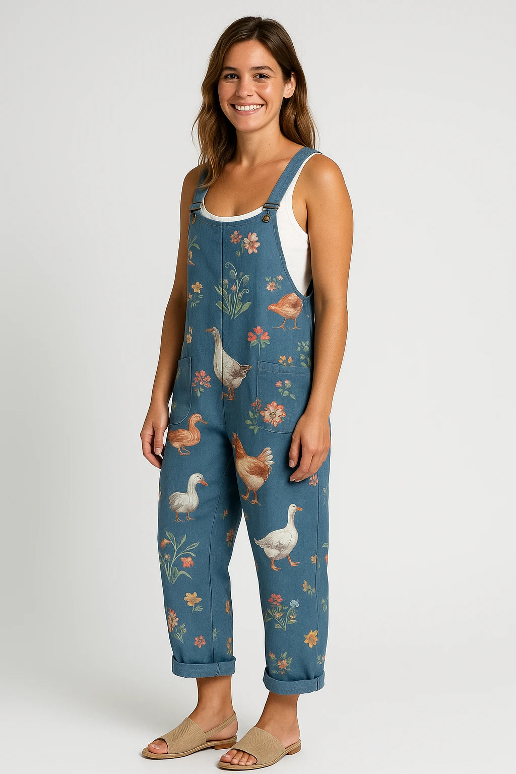 Womens All-Season Relaxed Overalls with Adjustable Straps and Playful Farmyard Print - Image 3