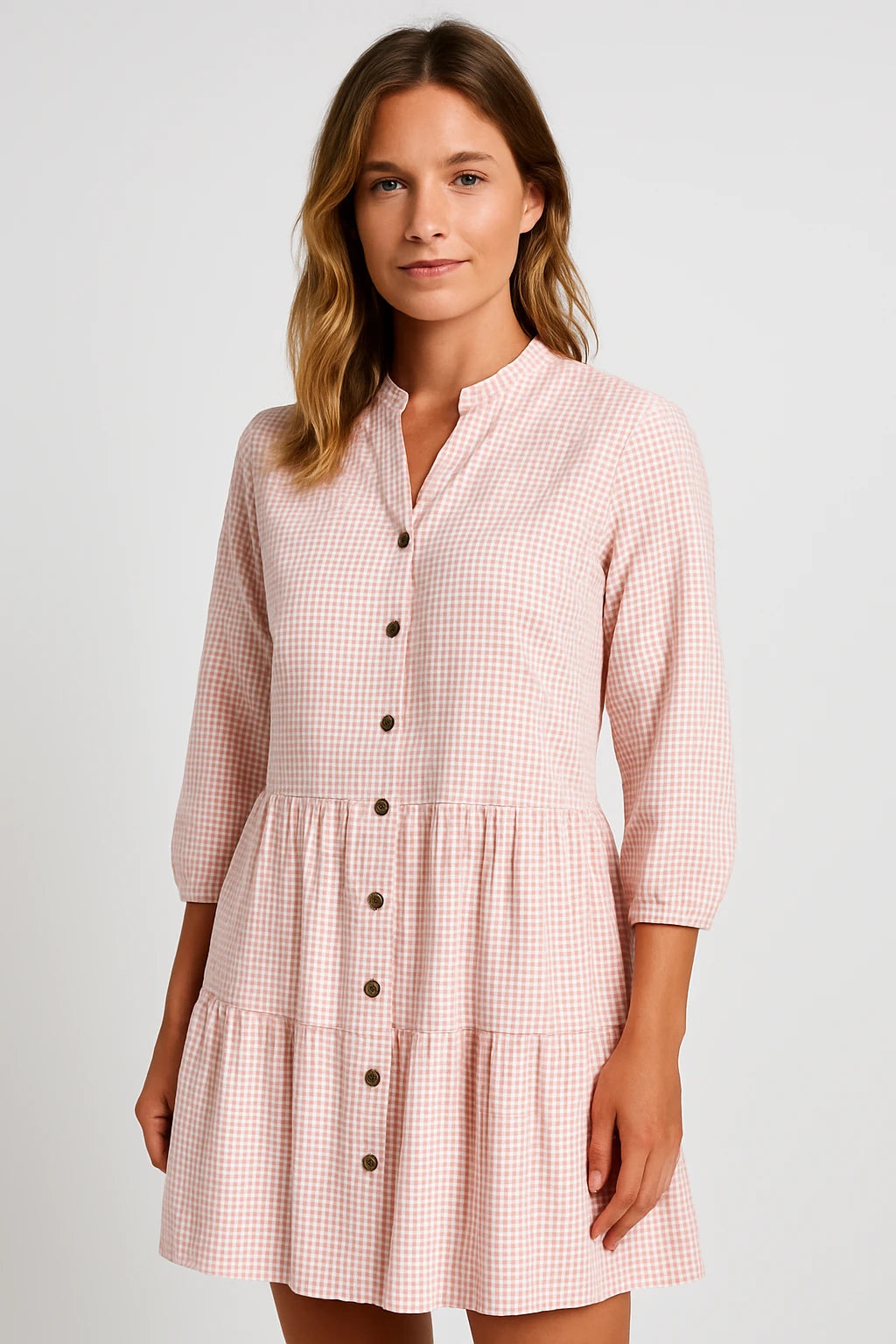 Gingham Button-Front Tiered Dress for Women