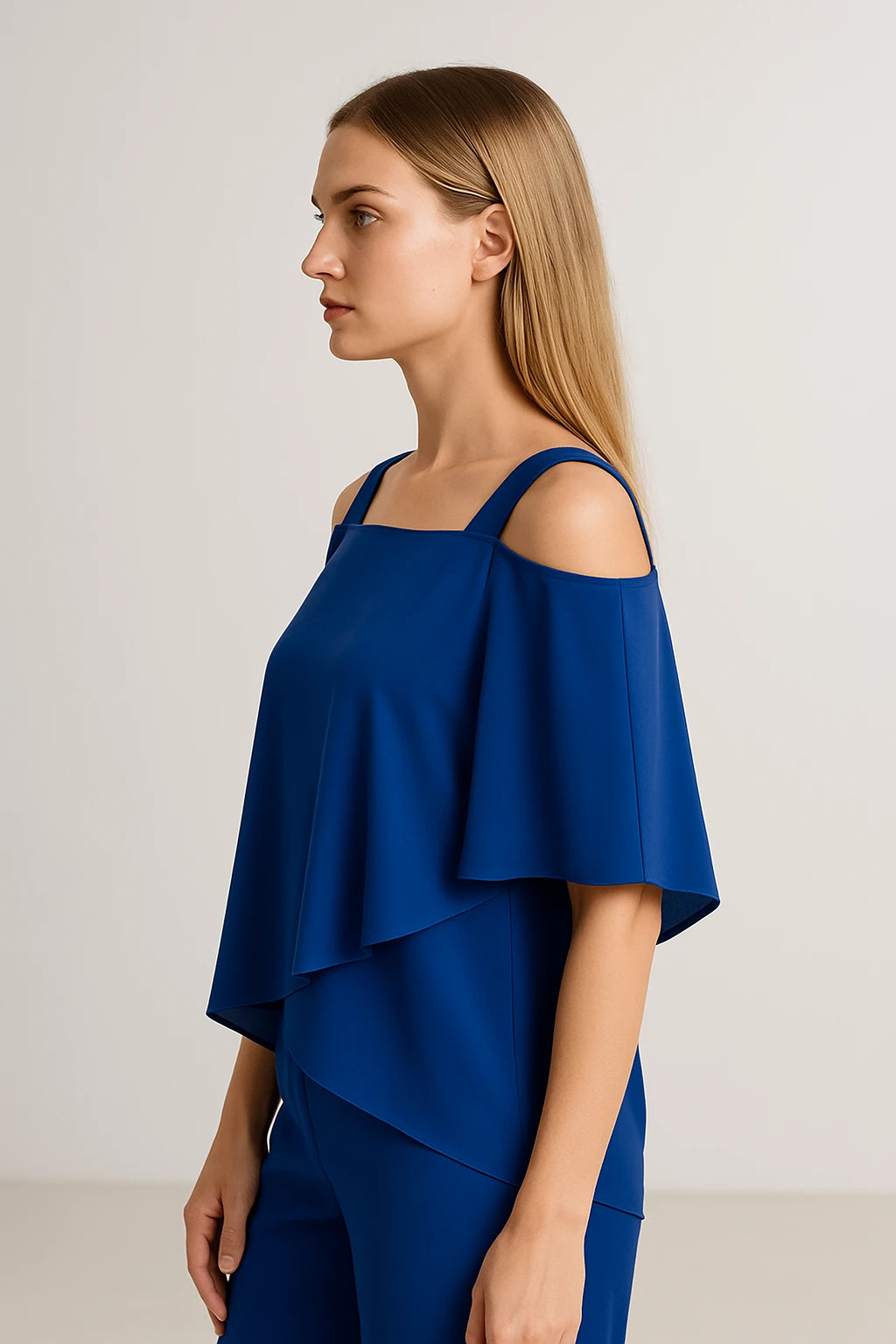 Cold Shoulder Layered Top and Straight-Leg Pants Set for Women