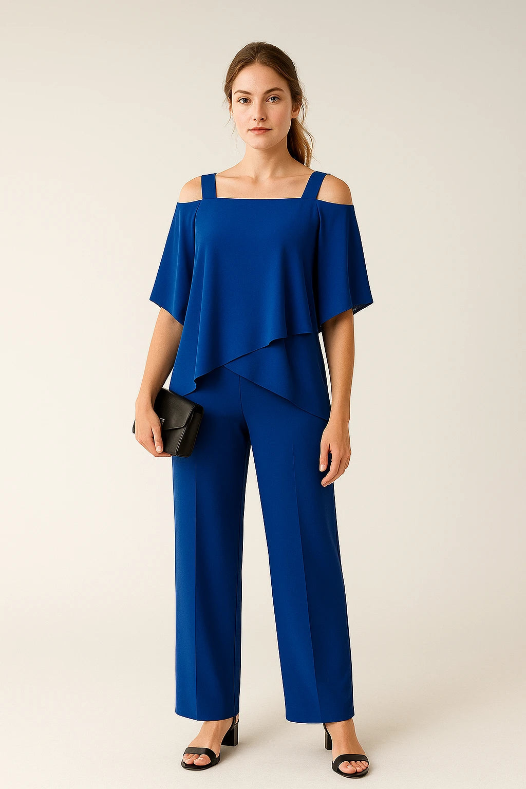 Cold Shoulder Layered Top and Straight-Leg Pants Set for Women