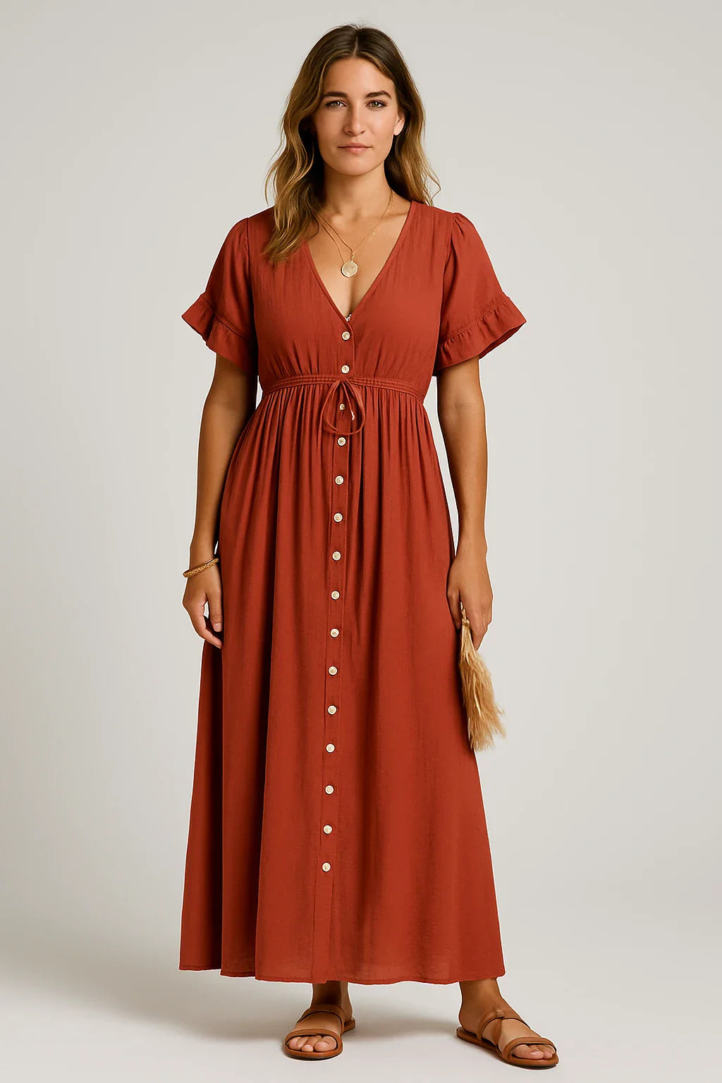Button Front Drawstring Maxi Dress for Women