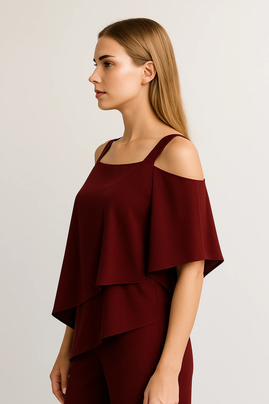Cold Shoulder Layered Top and Straight-Leg Pants Set for Women