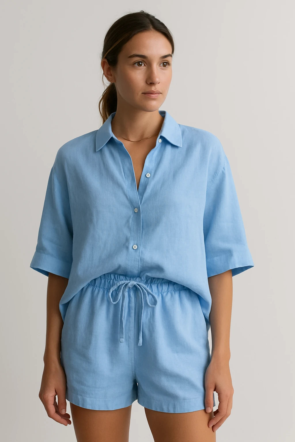 Relaxed Linen Shirt and Drawstring Shorts Set for Women