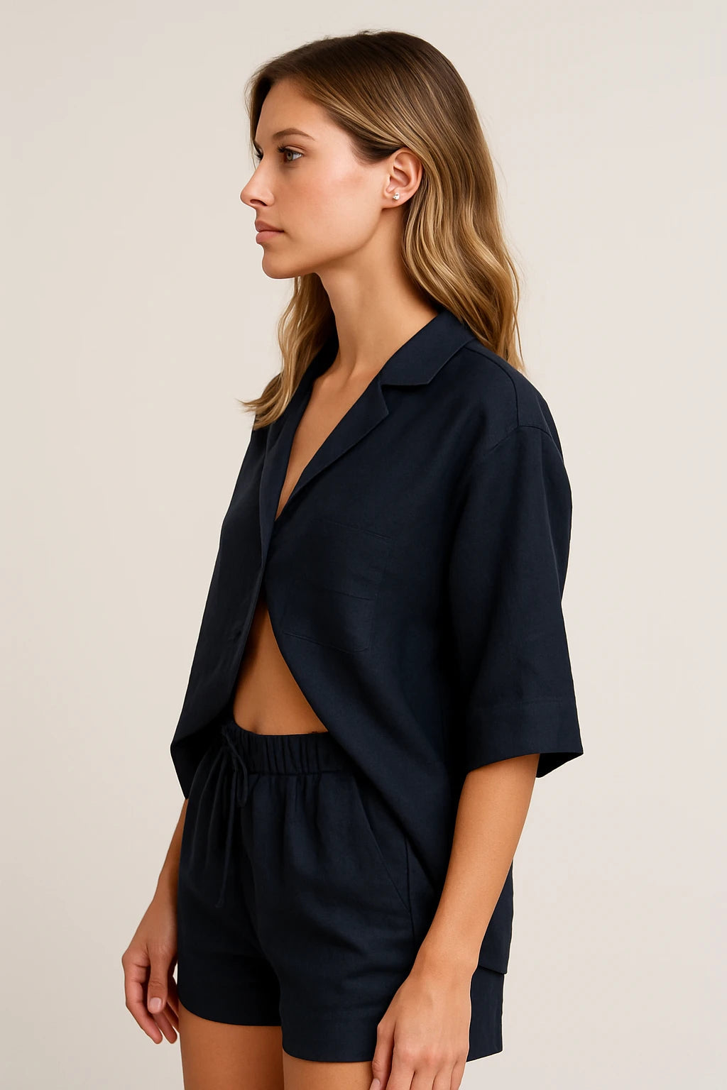 Relaxed Linen Shirt and Drawstring Shorts Set for Women