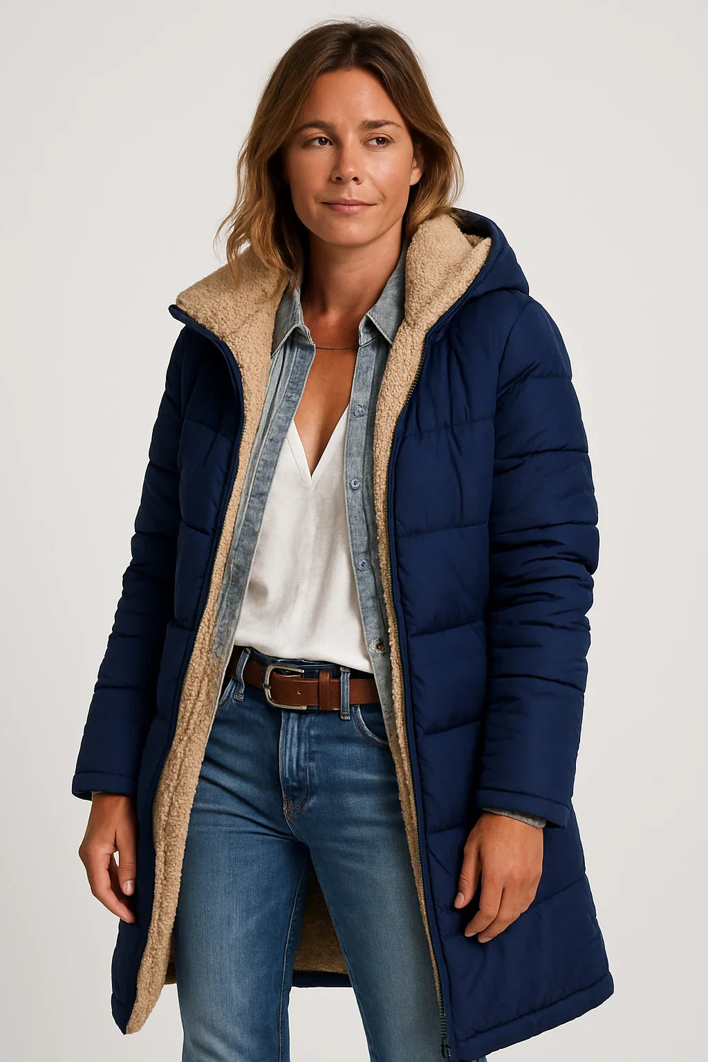 Long Quilted Hooded Coat with Soft Fleece Lining for Women
