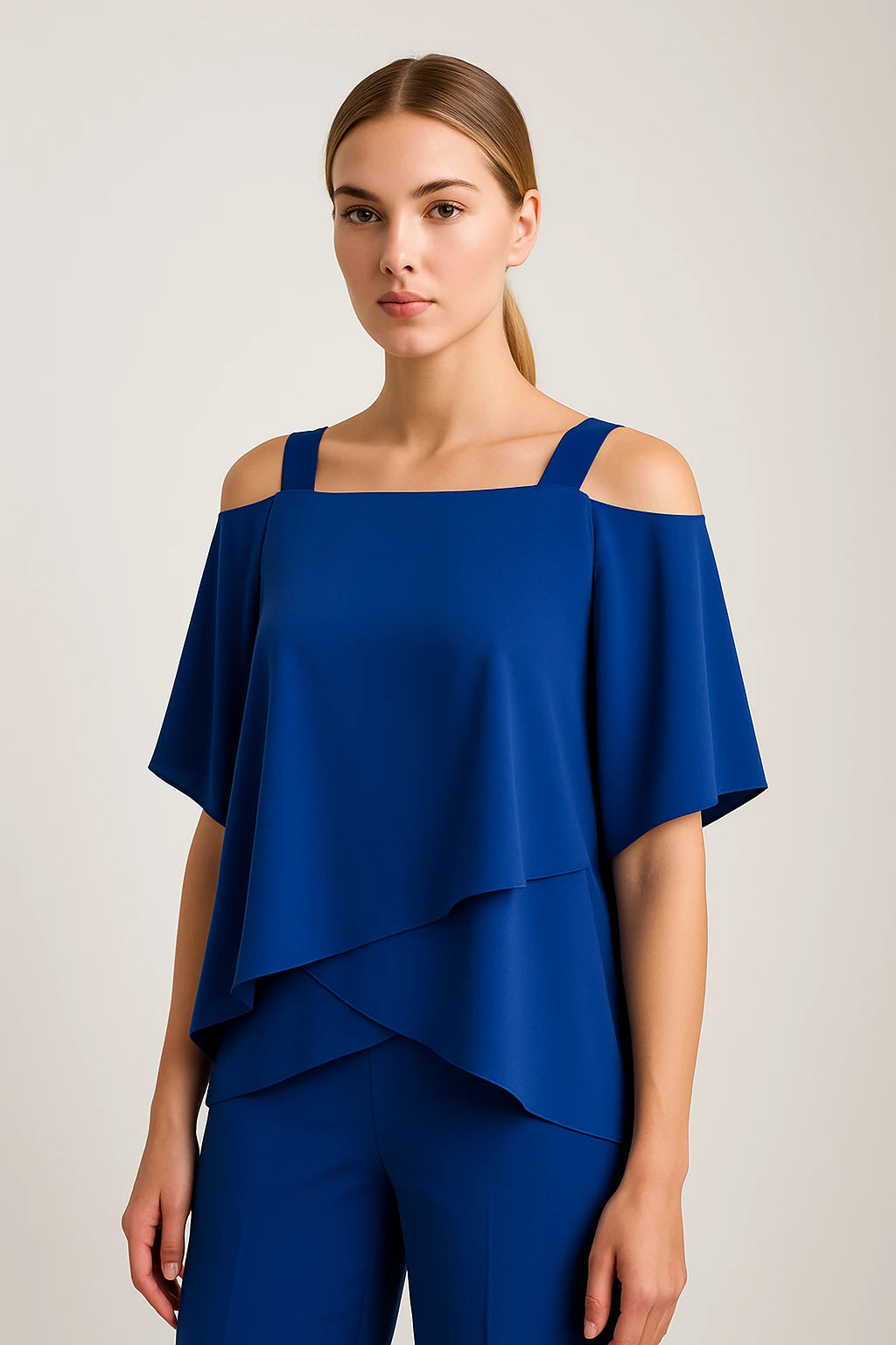 Cold Shoulder Layered Top and Straight-Leg Pants Set for Women
