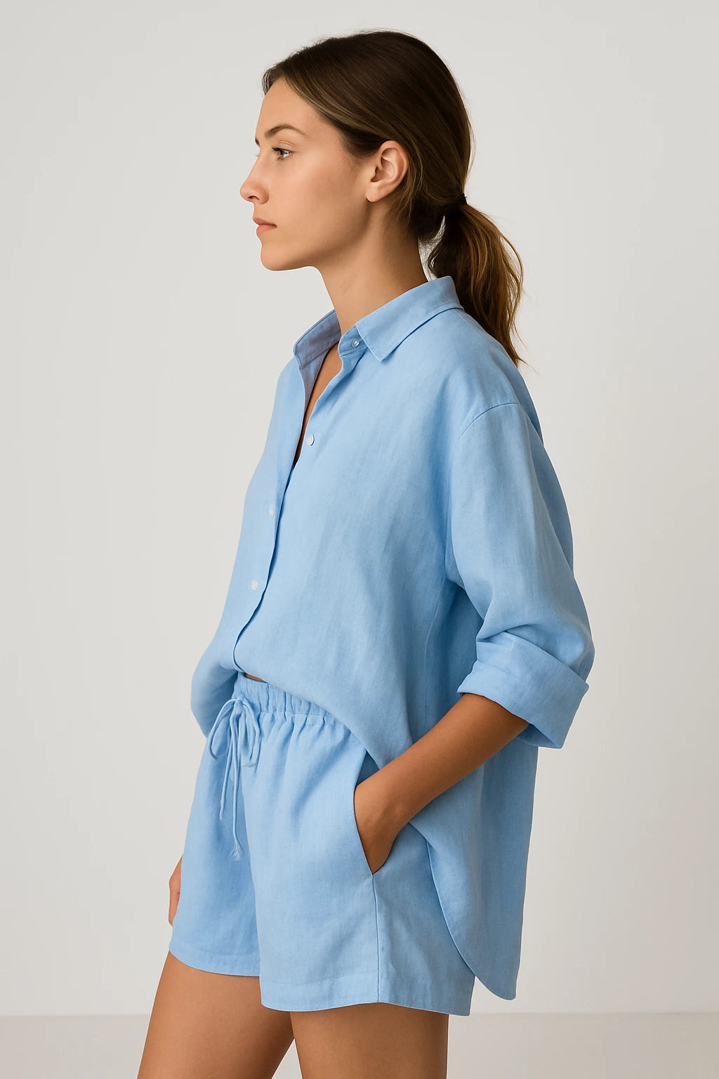 Relaxed Linen Shirt and Drawstring Shorts Set for Women