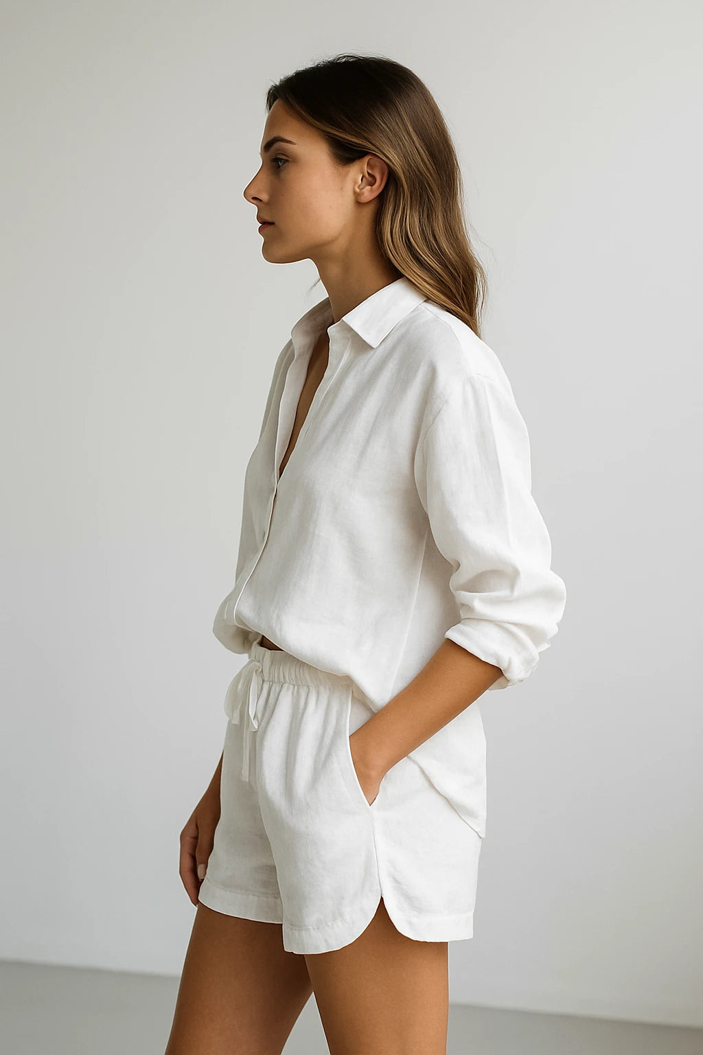Relaxed Linen Shirt and Drawstring Shorts Set for Women