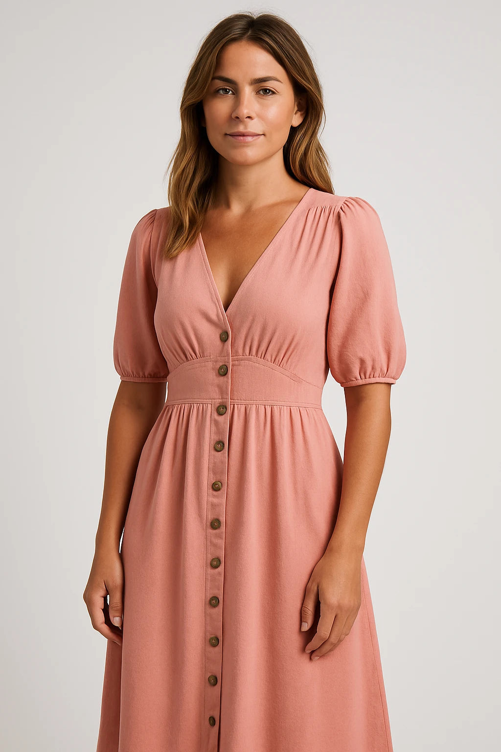 Button Front Puff Sleeve Midi Dress for Women