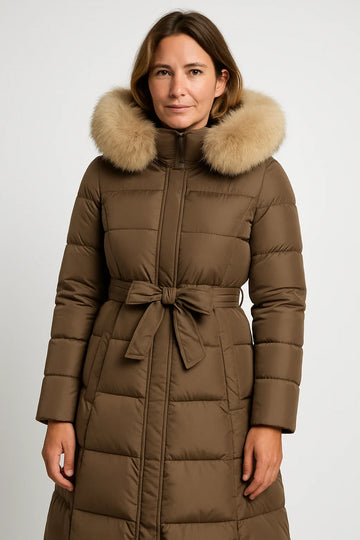 Long Quilted Puffer Coat with Faux Fur Collar for Women