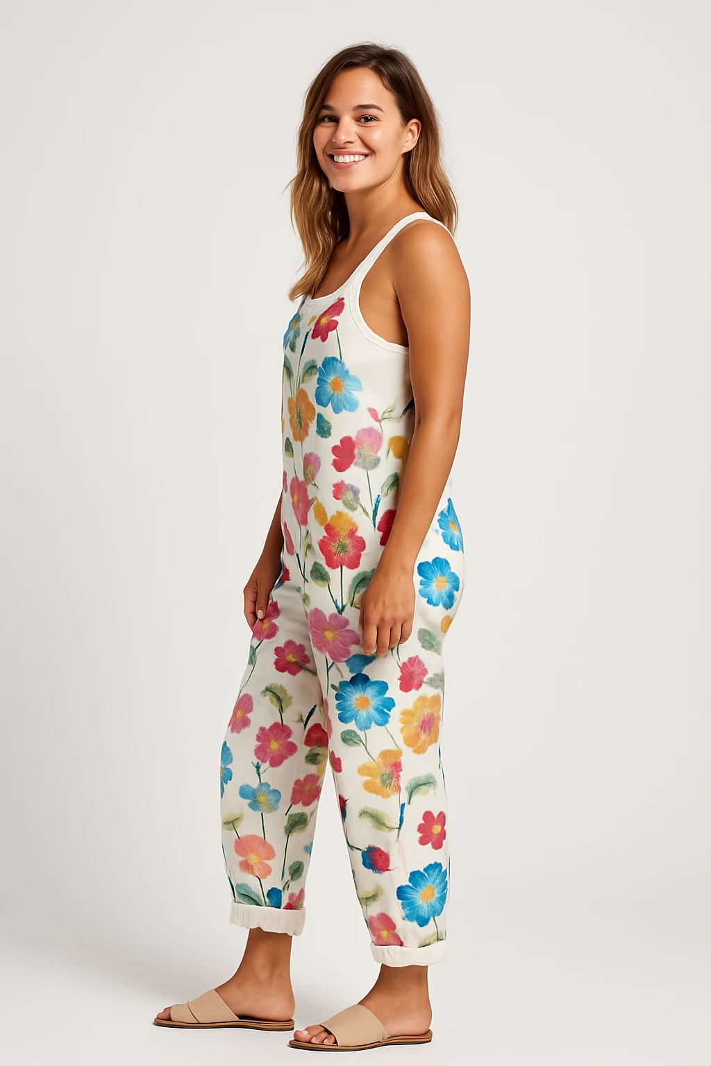 Womens Summer Floral Garden Relaxed Overalls with Loose Fit and Adjustable Straps - Image 1